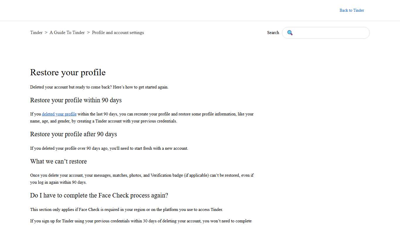 Restore your profile – Tinder